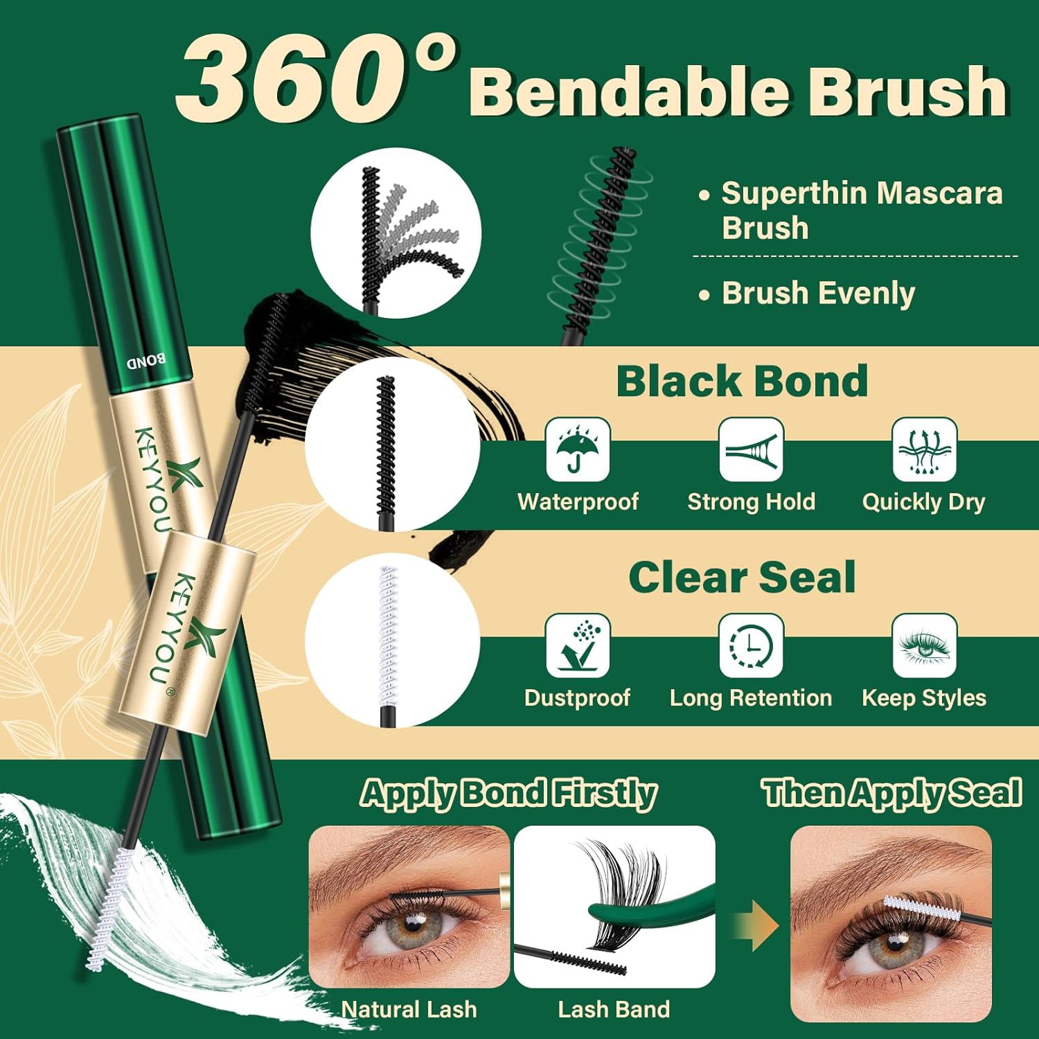 KEYYOU DIY Lash Extension Kit 300pcs 80D D Curl Soft Lash Clusters Easy to Apply with Lash Bond and Seal Applicator and Remover Eyelash Extension Kit at Home(RMkit-80D-D-9-18mix)