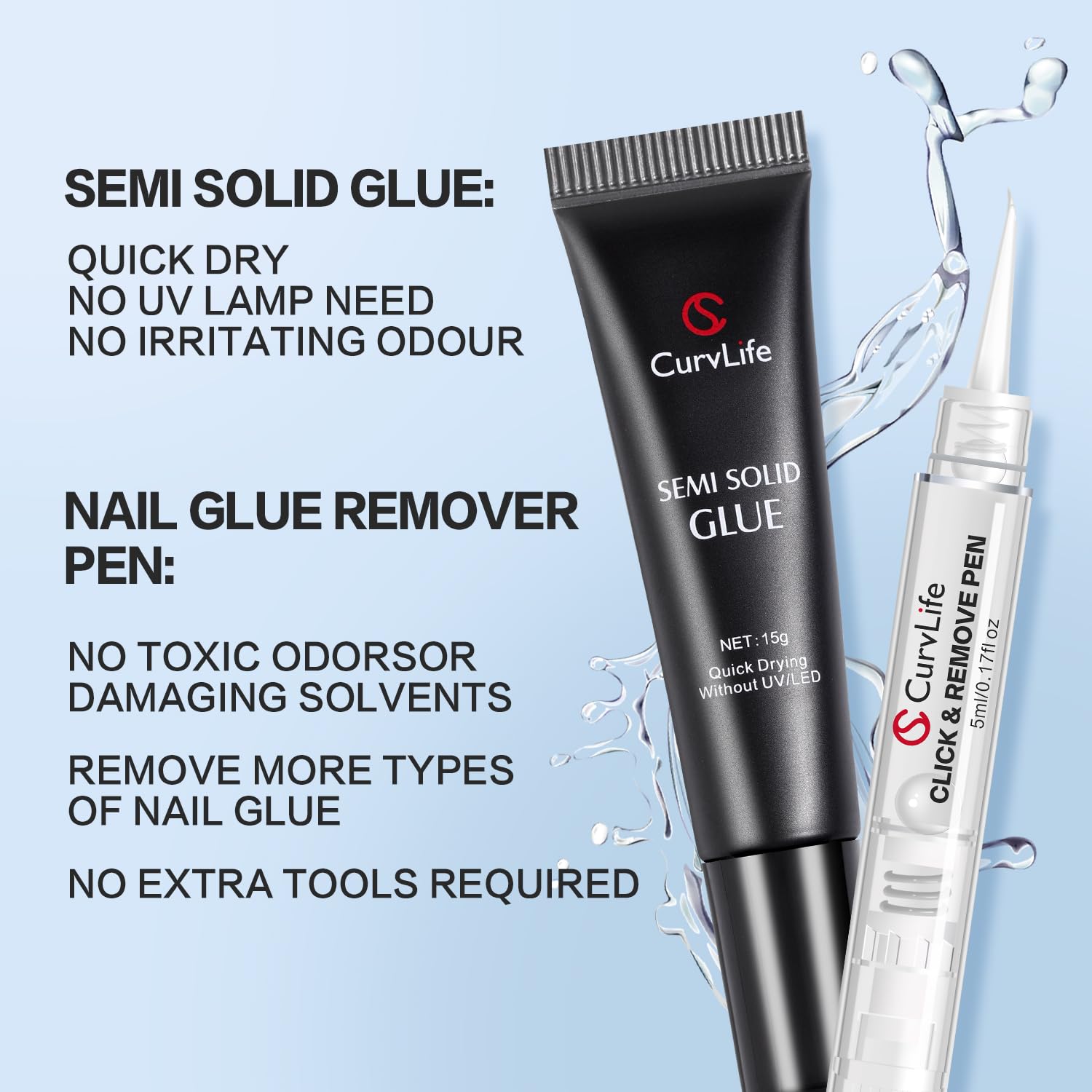 Curvlife 15g Semi Solid Nail Glue Gel with 5ml 3 in 1Nail Glue Remover, No Need for Uv Light, Gel for Press On Nails, Click&Remove Pen Design