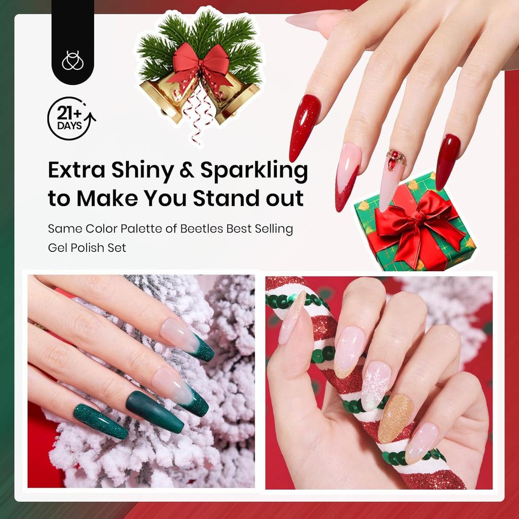 Beetles Christmas Dip Powder Nail Set 6 Colors Red Green Glitter Silver Gold Dipping Powder Starter Kit Manicure DIY Salon for Women No Nail Lamp Needed Glossy Xmas Party