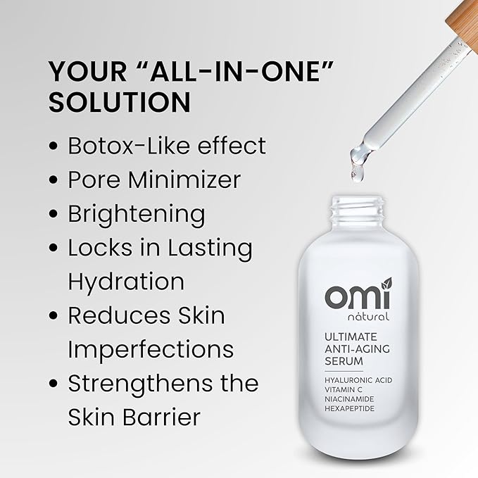 Total Package Serum - Vitamin C - Hyaluronic Acid - Acetyl Hexapeptide-8 - Niacinamide Serum - Argireline - Botox in a Bottle and Pore Minimizer for Face -For All Ages, Skin Types and Genders - 50ml