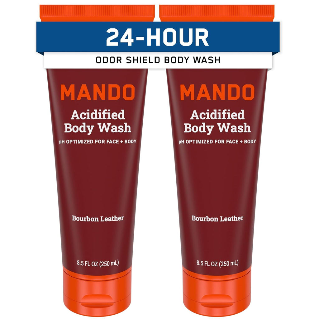 Mando Odor Shield Body Wash - 24 Hour Control - Removes Odor Better than Soap - SLS Free, Paraben Free, Skin Safe - 8.5 Ounce (Pack of 2) (Bourbon Leather)