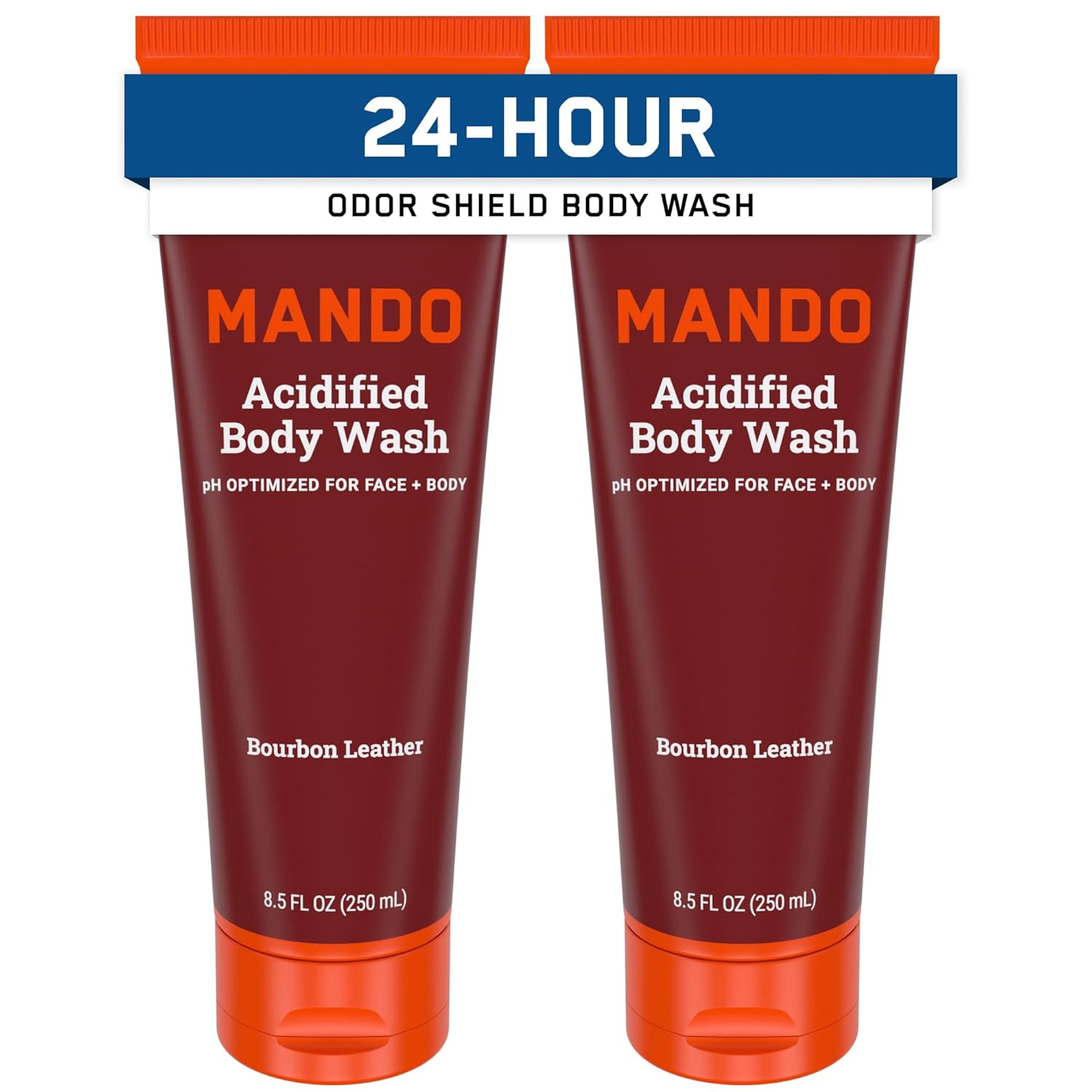 Mando Odor Shield Body Wash - 24 Hour Control - Removes Odor Better than Soap - SLS Free, Paraben Free, Skin Safe - 8.5 Ounce (Pack of 2) (Bourbon Leather)