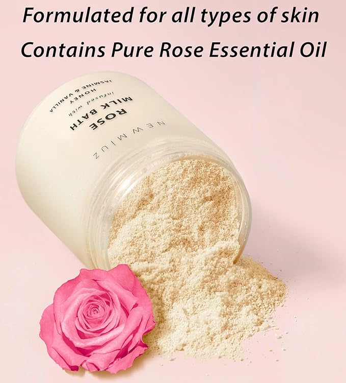 Calming Rose Coconut Milk Bath Soak Moisturize Soften Skin Honey Jasmine Vanilla Destress Luxury Spa Bath Salt Powder Stress Relief Gifts for Women