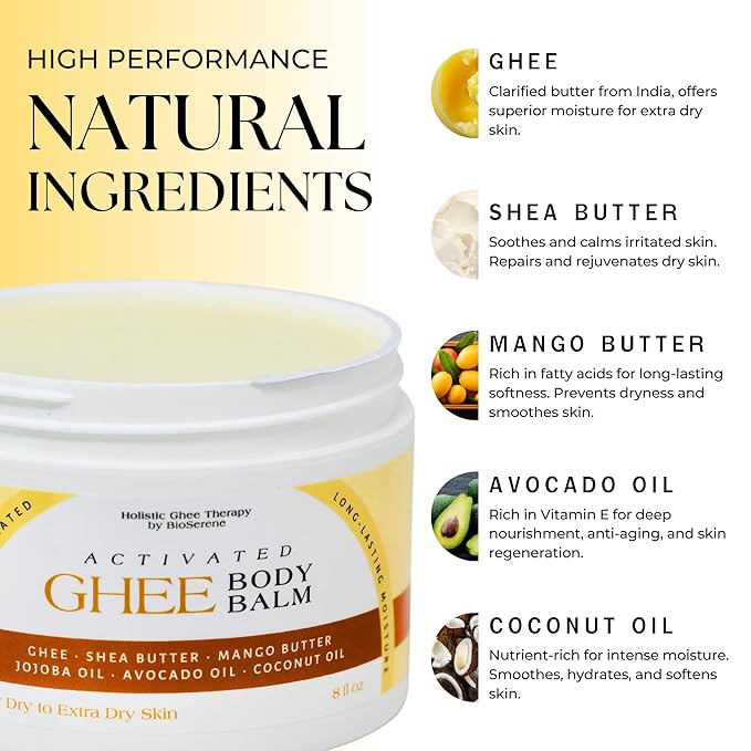 Activated Ghee Body Oil/Balm | Shea Moisturizer | Moisturizer for Extra Dry Skin | Innovative New Formulation | Ghee, Shea Butter, Coconut Oil | After Sun Moisturizer (8 oz)