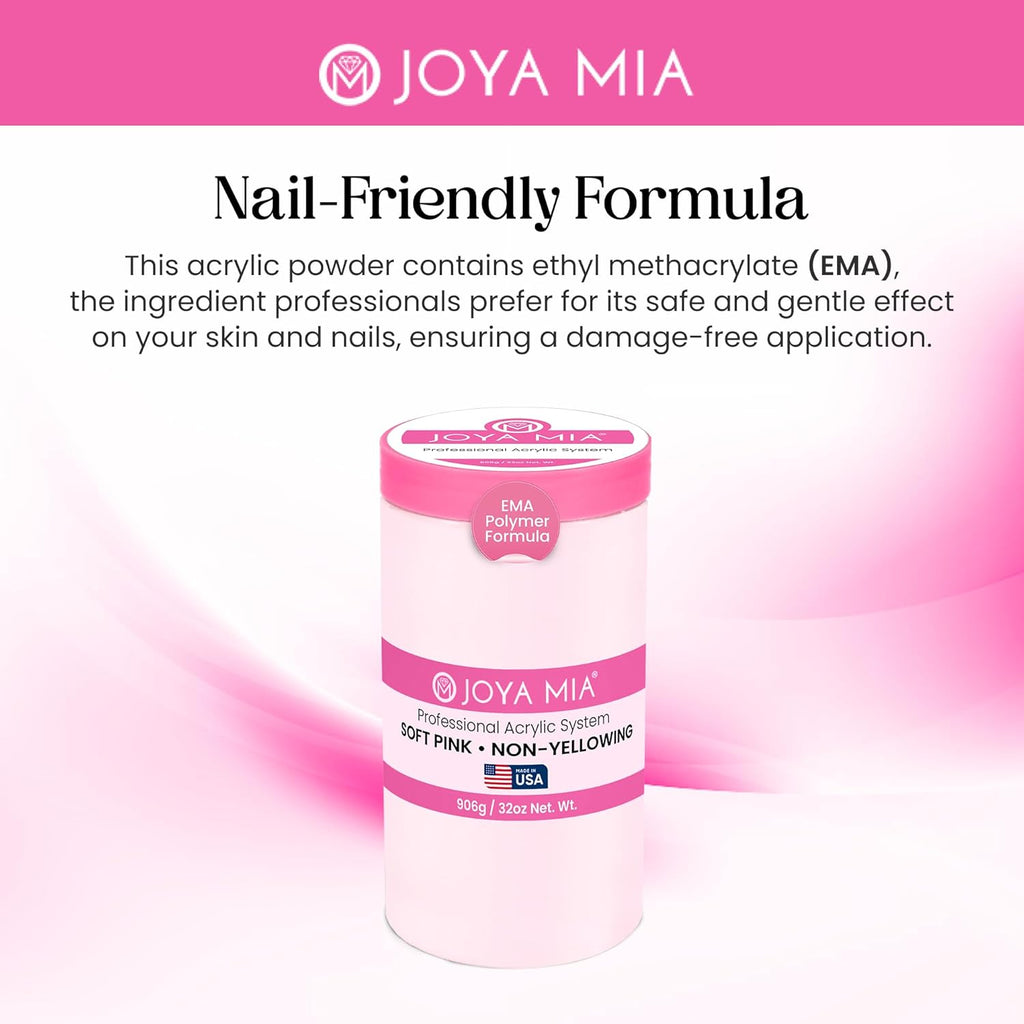 Joya Mia Acrylic Powder for Nails, MMA-Free, Super Adhesion Professional Powder for Flawless & Long-Lasting Nail Enhancements, Easy Application, Vibrant & Stunning Colors - Soft Pink, 32 oz