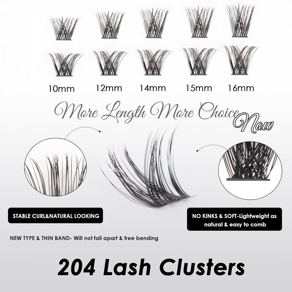 Lash Clusters 204 Pcs Individual Lashes Clusters Eyelash Extensions False Eyelashes DIY Lash Extension Kit Reusable False Eyelashes Natural Look Mix 10-16mm C D Curl(DM01+DM17)