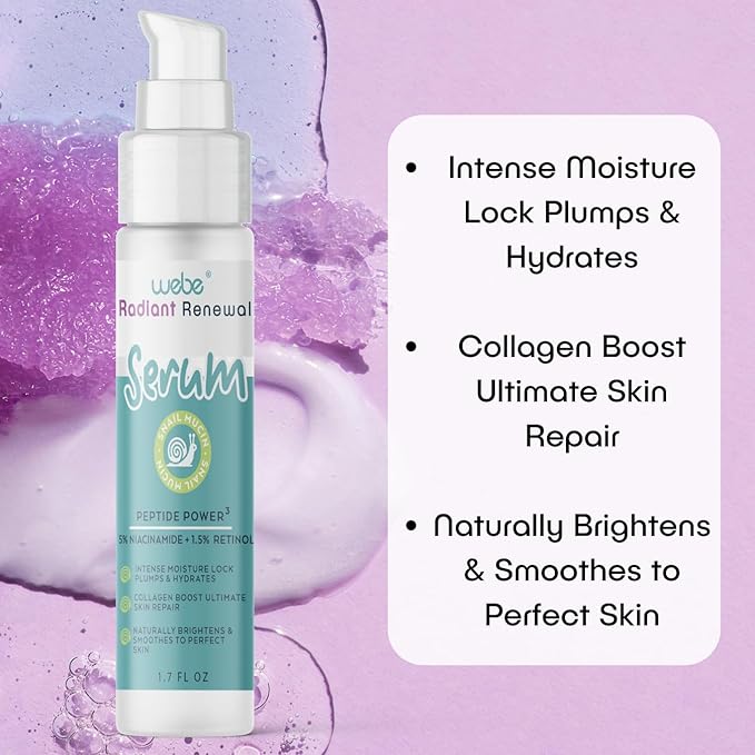 WEBE Snail Mucin 92% Radiant Renewal Serum | Retinol 1.5%, Niacinamide 5%, Peptides, Vitamin C, Hyaluronic Acid & Zinc PCA | Anti-Aging Plumping Serum with Intense Moisture Lock, Glowing Smooth Skin