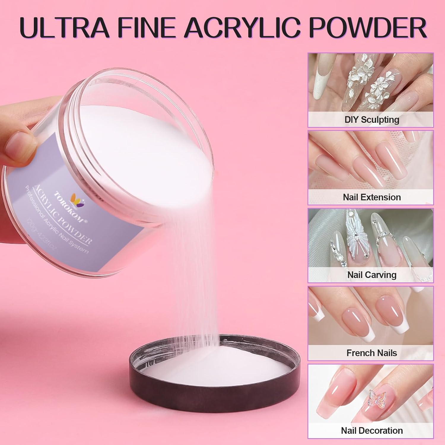 TOROKOM White Acrylic Powder, 120g/4.23oz Acrylic Nail Powder Large Capacity Acrylic Dip Powder for Nails Self-Leveling Acrylic Extension Powders, 3D Nail Carving, Long-Lasting, No Nails Lamp Required