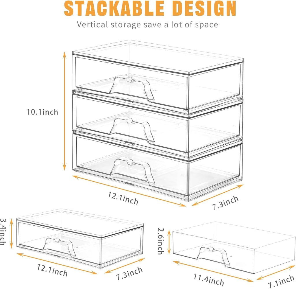 3 Pack Stackable Makeup Organizer, 12.1''L Acrylic Bathroom Organizer and Storage Undersink Drawer, Cosmetics and Beauty Supplies,Clear Plastic Storage Bins for Vanity,Pantry,Desk,Cabinet,Kitchen
