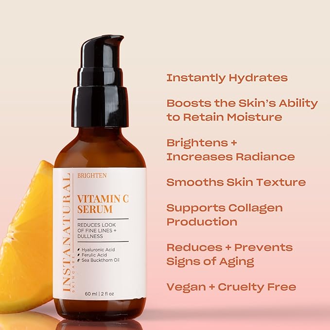 InstaNatural Vitamin C Face Serum, Brightens, Hydrates and Reduces Signs of Aging, with Vitamin C, Hyaluronic and Ferulic Acid, 2 FL Oz