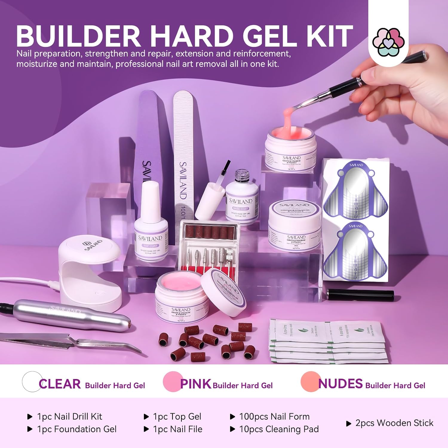 SAVILAND Builder Nail Gel Set with Nail Drill - 3 Pcs Hard Gels(VE&VB5&Kerain) Clear Pink Nudes Builder Nails Gel with Lamp Brush Nails Strengthener Gels for Extension Shaping DIY at Home Salon