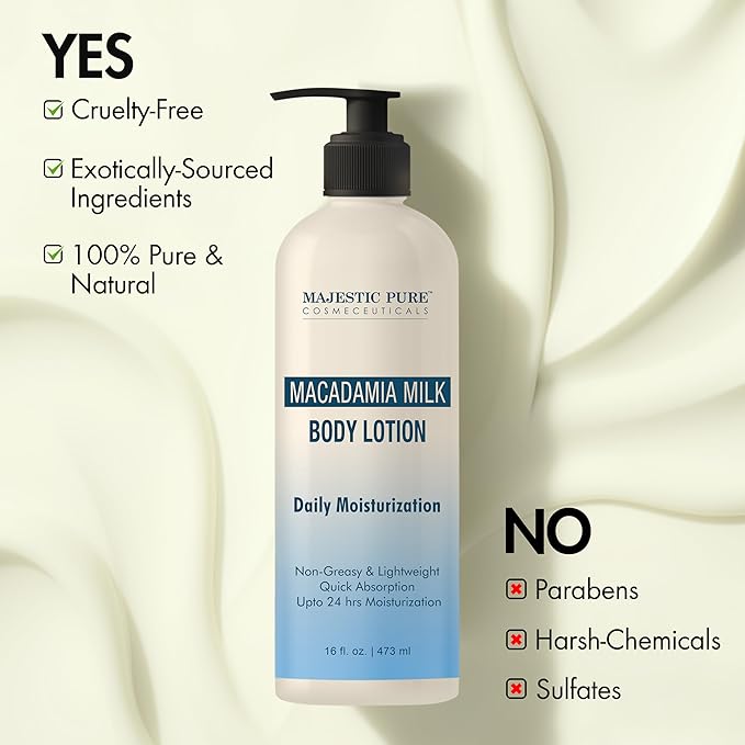 Majestic Pure Macadamia Milk Daily Moisturizing Body Lotion with Aloe Leaf Extracts | Nourishing & Moisturizing | Quick Absorbing, Lightweight & Non Greasy | For All Skin Types | 16fl oz