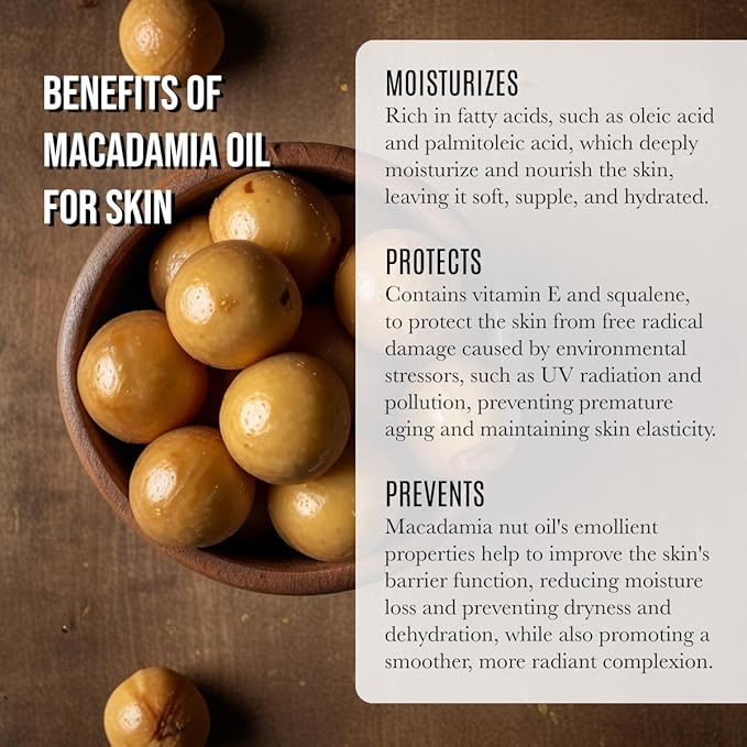 Organic Macadamia Nut Oil Moisturizer for Dry Skin In Large 4oz Glass Bottle | Cold Pressed and Unrefined Hair Oil