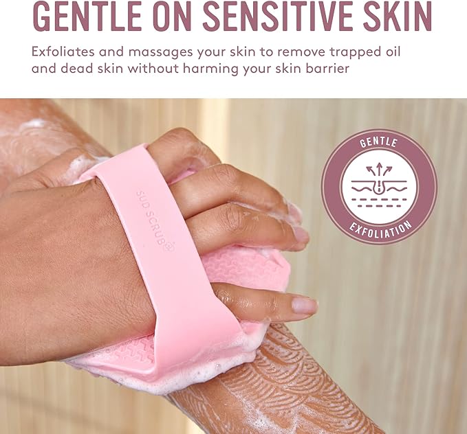 Sud Scrub® Antimicrobial Silicone Body Scrubber, Exfoliating Body Scrubber for Sensitive Skin, Eco Friendly Shower Scrubber for Body, Silicone Body Brush for Showering, Pink