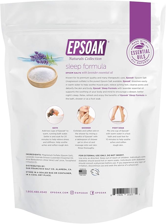 Epsoak Epsom Salt 4 lb. Magnesium Sulfate USP. (Qty. 2 x 2lb. Bag), Lavender Sleep Formula, Resealable Epsom Salt Bag, Made in The USA, Cruelty-Free Certified
