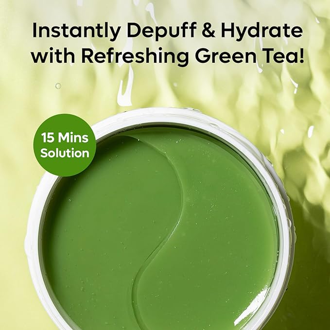 mCaffeine Green Tea Hydrogel Under Eye Patches for Dark Circle, Fine Lines & Wrinkles Reduction | Cooling Under Eye Patch Mask for Instant De-Puffing | 30 Pairs