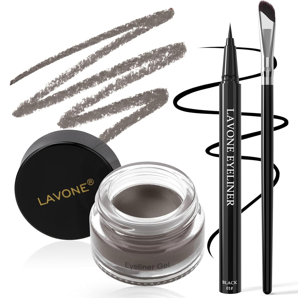 LAVONE Eyeliner Set - Waterproof Makeup Kit with Liquid eyeliner Pencil, Gel Eyeliner & Angled Eye liner Brush, Waterproof, Smudge Resistant, Long Lasting Formula - Gray