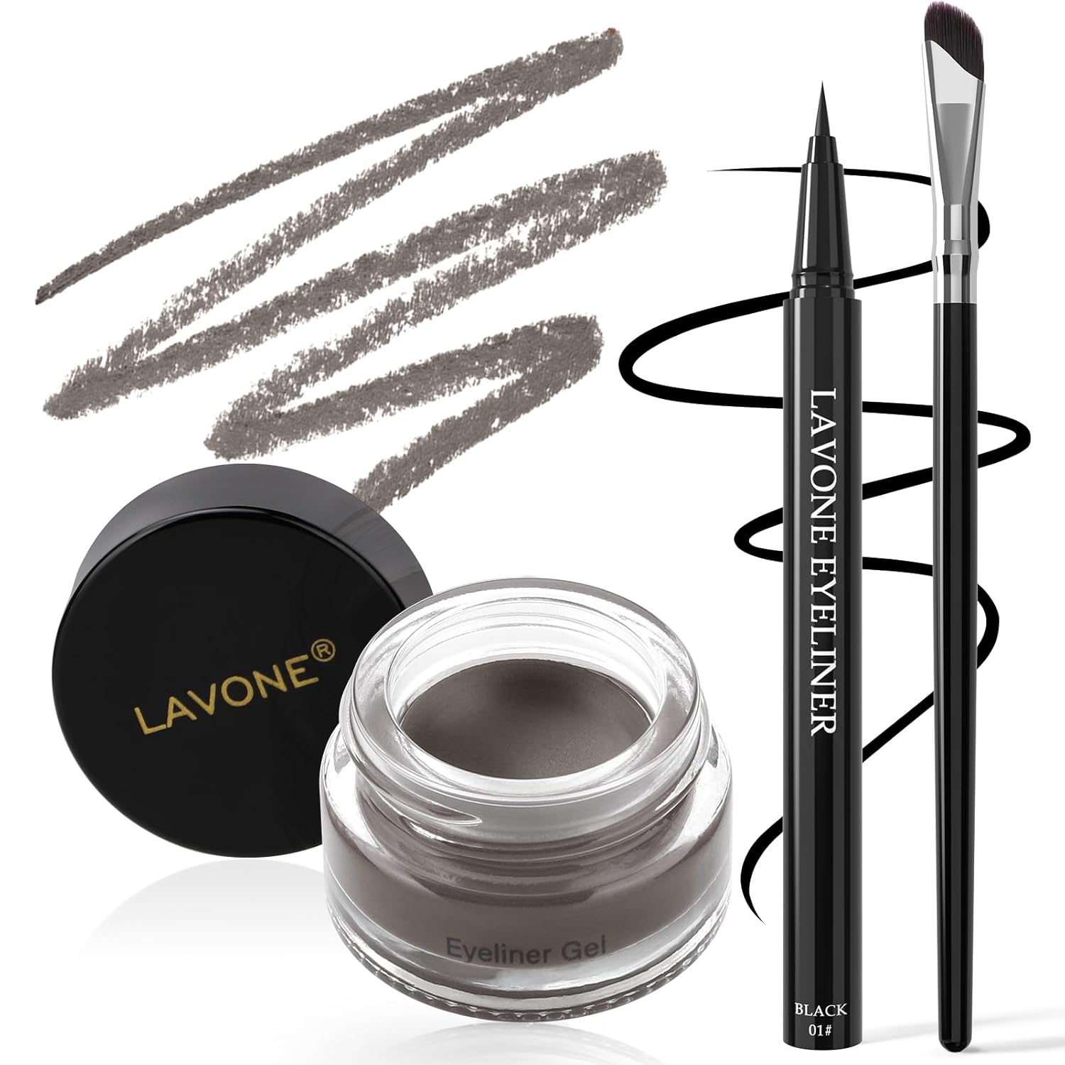 LAVONE Eyeliner Set - Waterproof Makeup Kit with Liquid eyeliner Pencil, Gel Eyeliner & Angled Eye liner Brush, Waterproof, Smudge Resistant, Long Lasting Formula - Gray