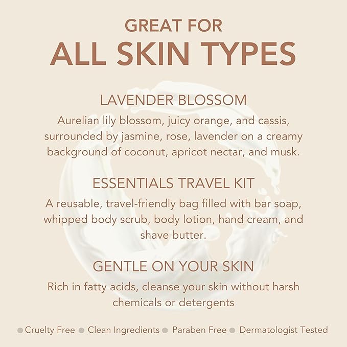 Dionis Goat Milk Skincare Lavender Blossom 6 Pc Self Care Essentials Travel Set - Bar Soap, Shave Butter, Hand Cream, Body Lotion & Whipped Sugar Body Scrub In Resealable Leak Resistant Carrying Case