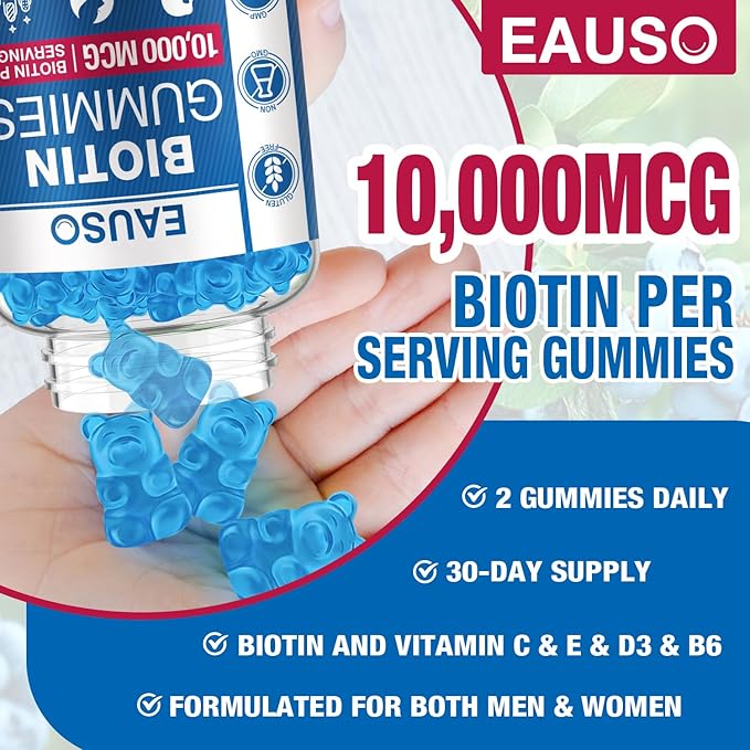 (2 Pack) Biotin Gummies 10,000mcg for Healthy Hair, Skin & Nails for Adults - 120 Gummies Vitamin - Vegan, Non-GMO, Pectin-Based Hair Health Supplement