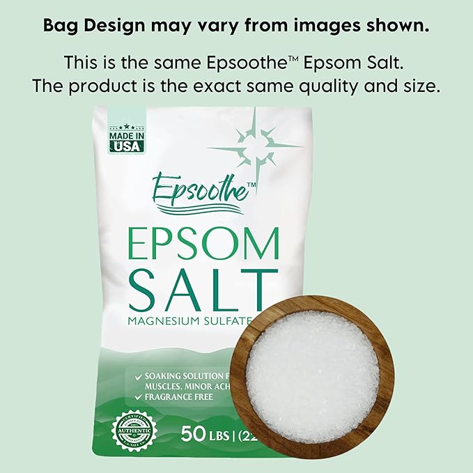 Epsom Bath Salt, Magnesium Sulfate USP, Unscented, Fine Grain, 50 Pound Bag (Packaging May Vary)