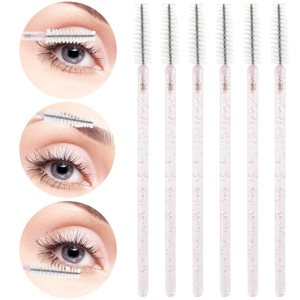 Tbestmax 300 Pcs Disposable Spoolies, Mascara Wand Eyelashes Brushes Applicator for Eyebrow Eye Lash Extension Pink Stick White Head