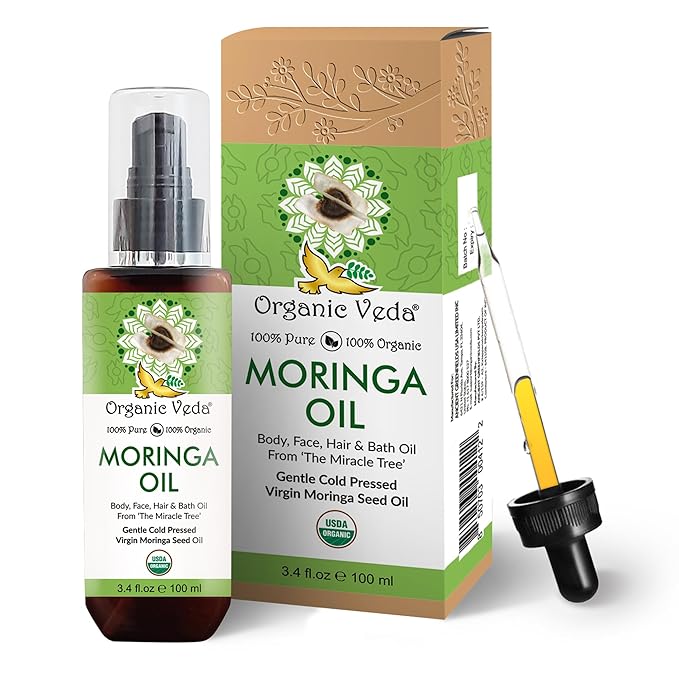 Organic Veda Moringa Oil - USDA Cold Pressed Virgin Moringa Seed Oil - 100% Pure Moringa Skin Care Oil Moisturizer for Face, Nails, Foot, Body & Hair - Unrefined, Vegan & Gluten Free - 3.4 fl oz