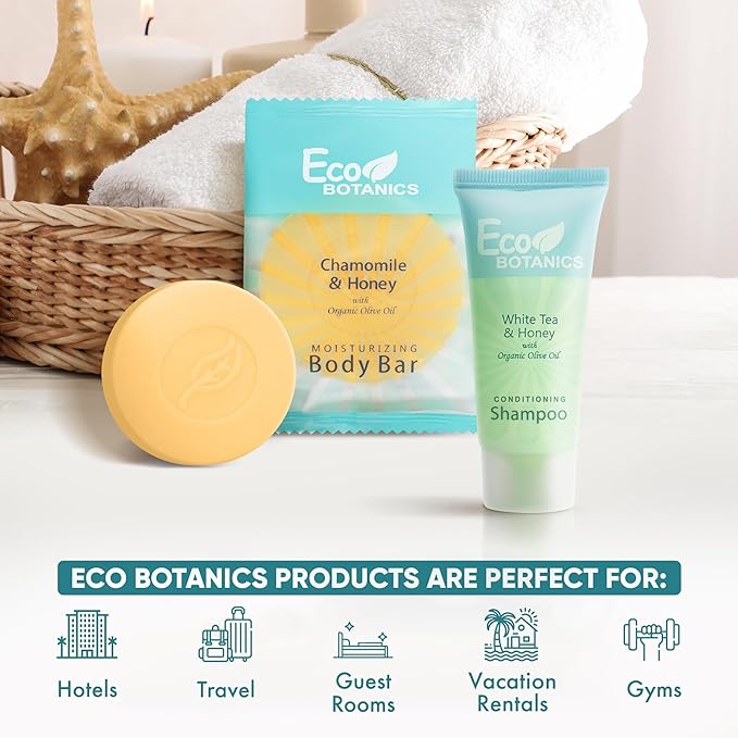 Eco Botanics Hotel Soaps & Toiletries Bulk Set | 1-Shoppe Amenities Kit for Hotels & Vacation Rentals | 0.85 oz Conditioning Shampoo & 0.89 oz Bar Soap | 100 Pieces