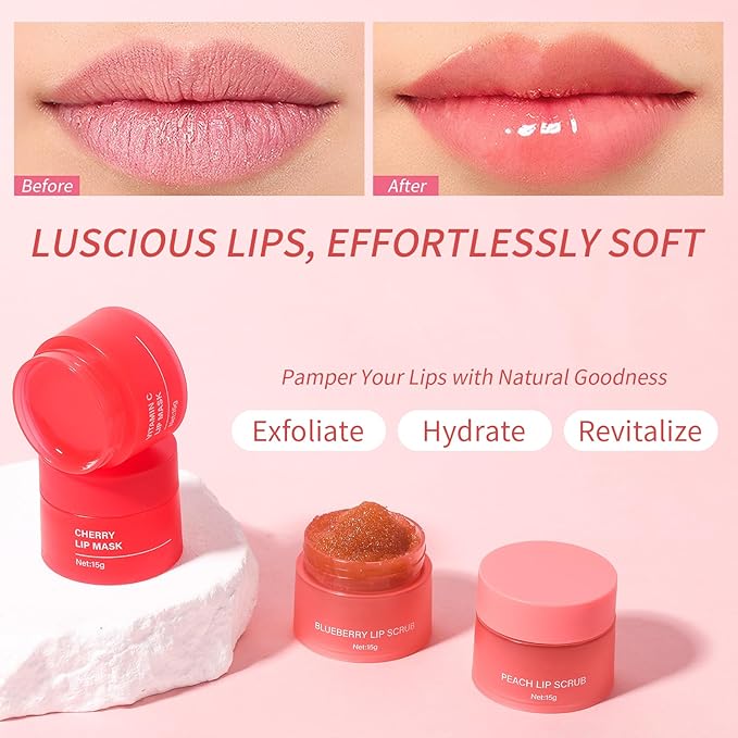 Cherry Lip Mask+Peach Lip Scrub for Women Dry, Cracked and Dark Lips – Lip Scrubber Exfoliator and Organic Lip Scrubs Exfoliator and Moisturizer with Lip Brush – Vegan, Cruelty-Free Lip Care Products