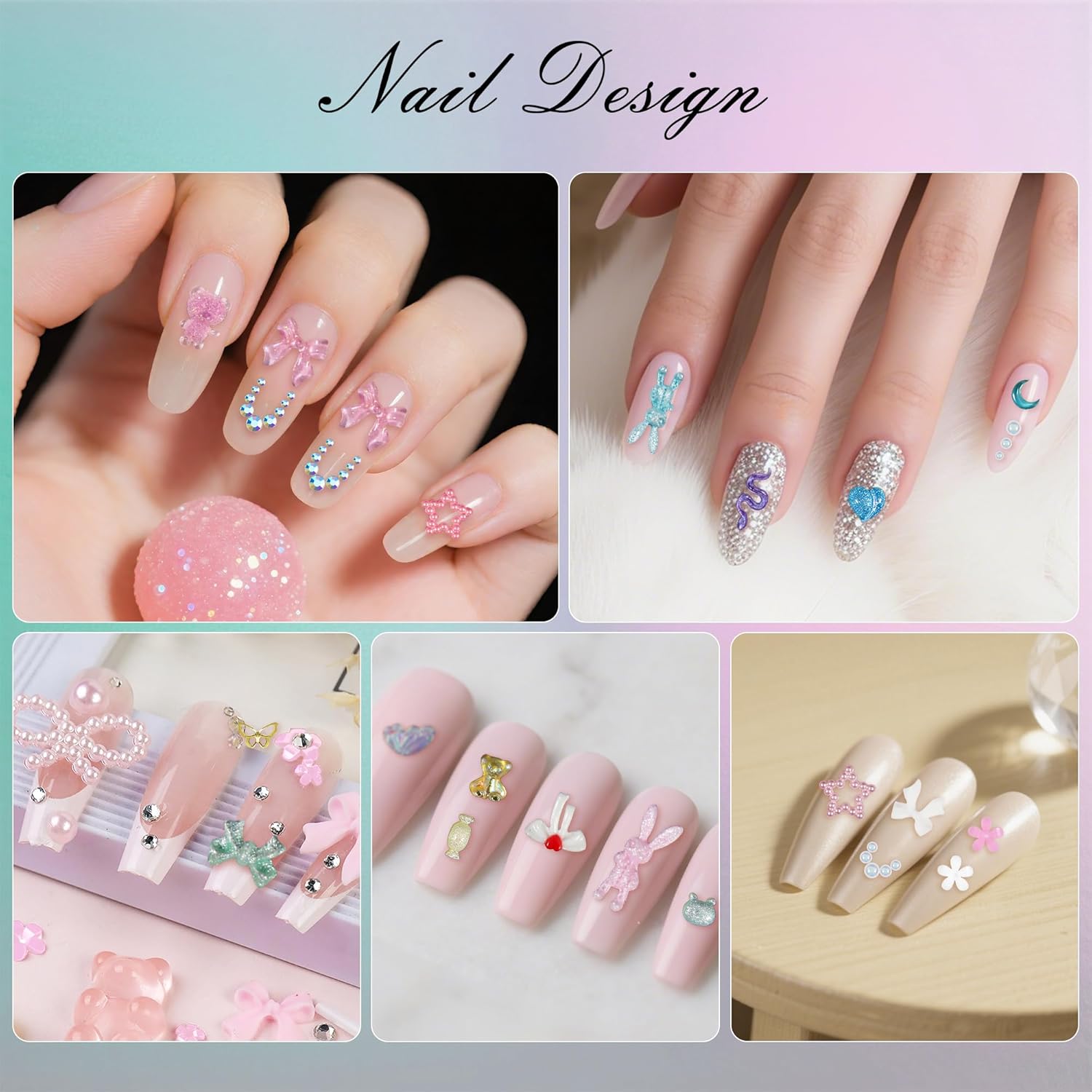 Artdone Nail Art Studs Kit, 2 boxes Multicolor 3D Charms Flower Butterfly Snake Rabbit Diamond Cute Nail Jewels for DIY Decoration with Pickup Tools