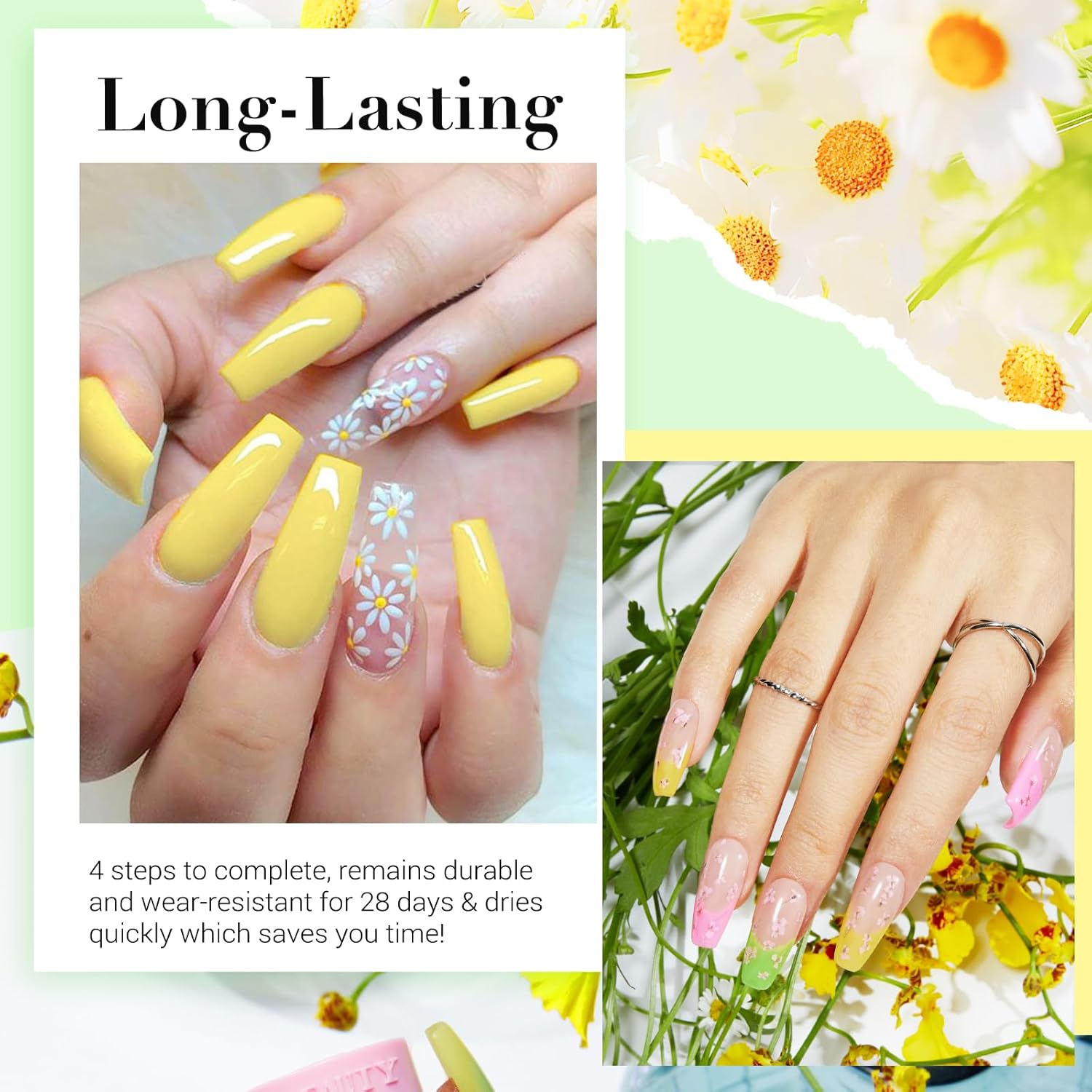 AZUREBEAUTY Dip Powder Nail Kit Bright Yellow with Base Top Coat Activator Dried Flowers for French Nails Art Manicure DIY Salon