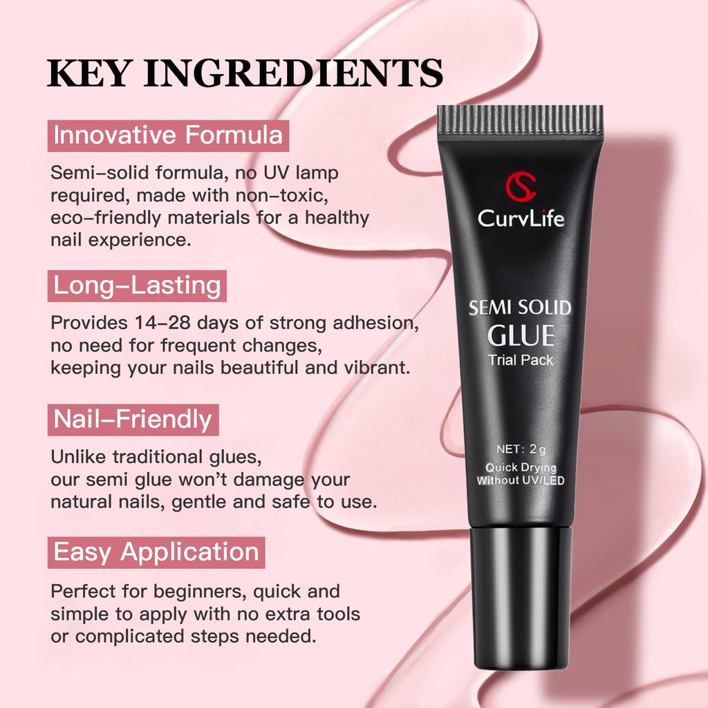 CurvLife Nail Tips Semi Solid Nail Glue 2g (5pcs) - Super Strong, Soft Glue Gel Quick Drying Adhesive for Press On Nails, No UV Light Needed
