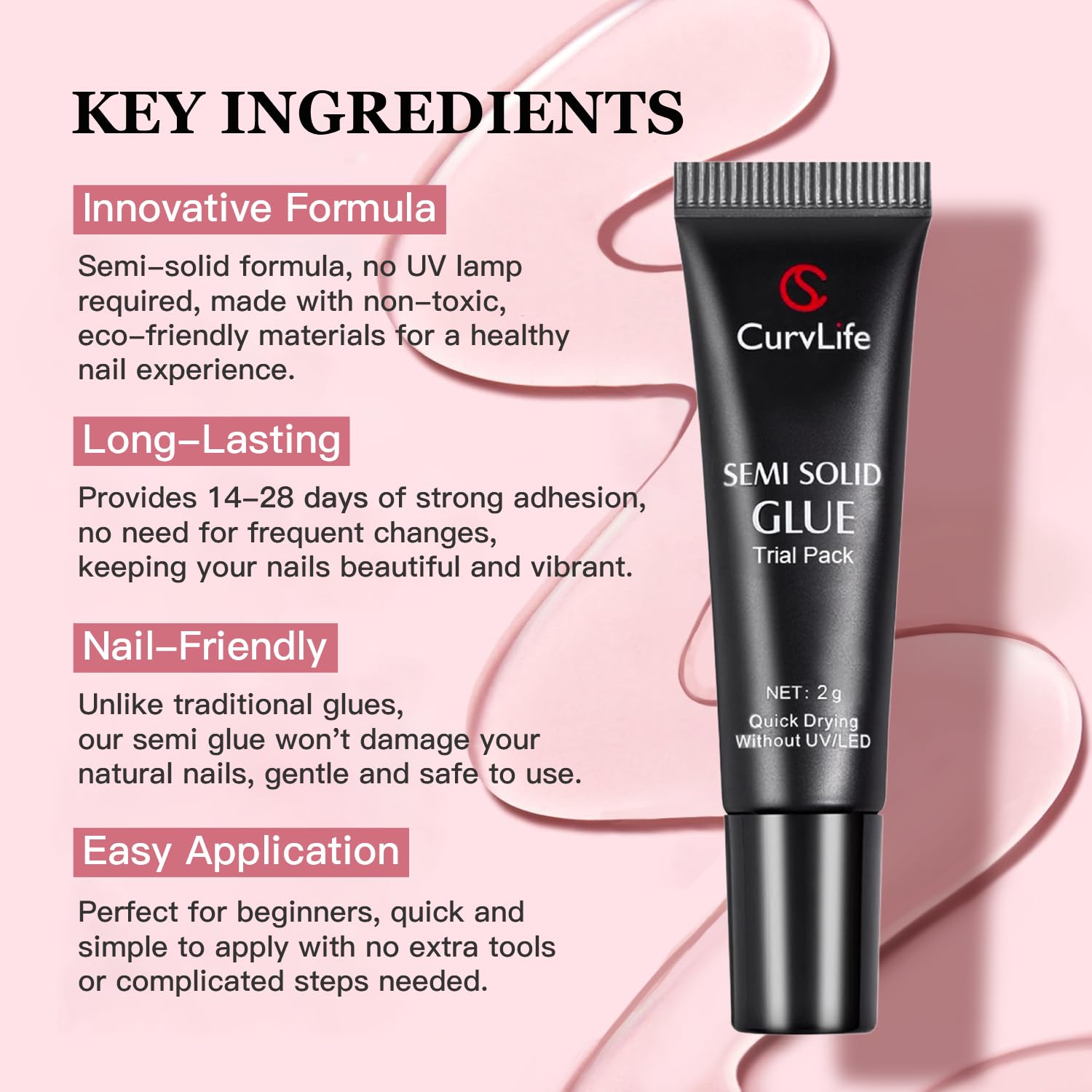 CurvLife Nail Tips Semi Solid Nail Glue 2g (5pcs) - Super Strong, Soft Glue Gel Quick Drying Adhesive for Press On Nails, No UV Light Needed