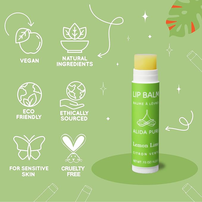 Lemon Lime Lip Balm Collection, Vegan Lip Balm Set, Bees Wax Free, Avocado Oil, Organic Jojoba Oil, Vitamin E, Moisturizer For Dry Cracked Lips, 3 Tubes per Set