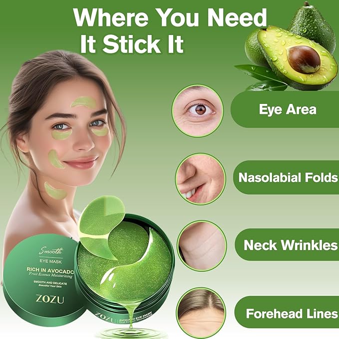 Nourishing Avocado Eye Patches 2-Pack 120 PCS, Collagen Eye Mask for Anti-oxidation and Hydration, Under Eye Patches Suitable for Both Men and Women