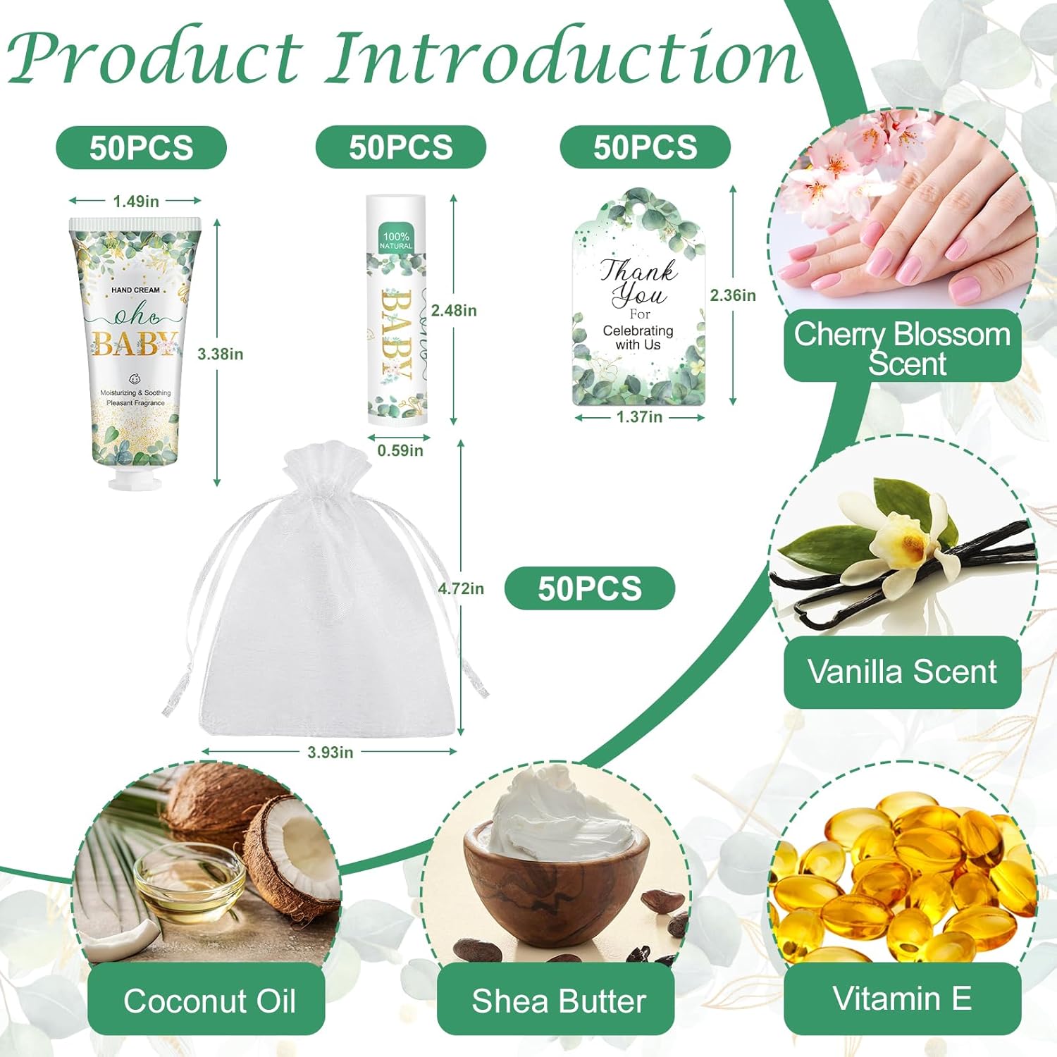VESPRO 50 Pack Hand Cream Bulk and Lip Balm Bulk Gifts Sets, Baby Shower Favors and Bridal Shower Favors for Guests with Thank You Card and Organza Gift Bags, Thank You Gifts for Women (Oh Baby)