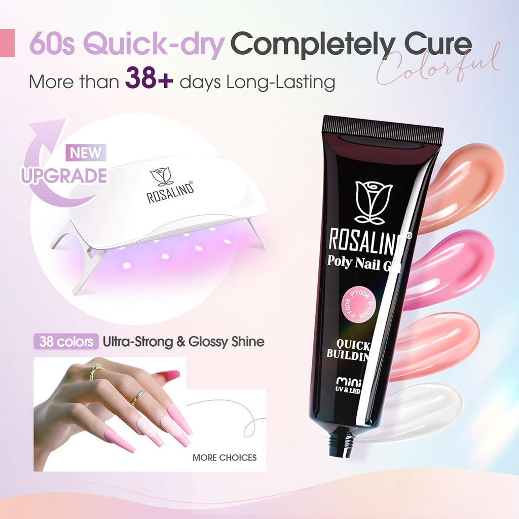 ROSALIND Poly Nail Gel Kit -38 Classic Colors +72 Nail Art Accessories kit Clear Nude Poly Nails Gel Kit Starter Kit with Mini UV Lamp Slip Solution Basic Tools for Beginners with Everything