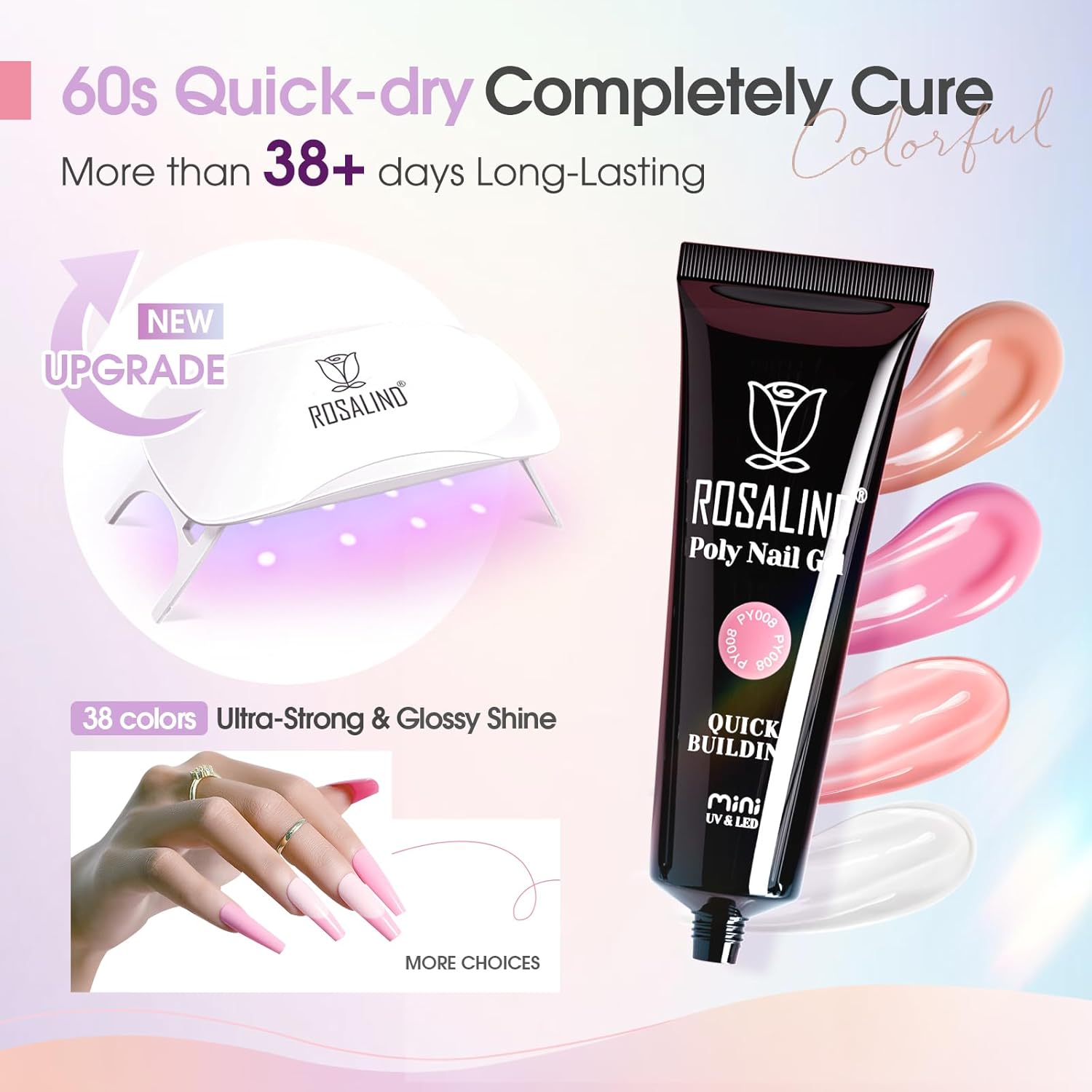 ROSALIND Poly Nail Gel Kit -38 Classic Colors +72 Nail Art Accessories kit Clear Nude Poly Nails Gel Kit Starter Kit with Mini UV Lamp Slip Solution Basic Tools for Beginners with Everything