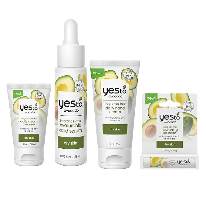 Yes To Avocado Fragrance-Free Bundle, Daily Cream Cleanser, Hyaluronic Acid Serum, Nourishing Daily Hand Cream & Lip Balm, Perfect Combination To Restore Dry Skin, Natural Vegan & Cruelty Free, 4-Pack