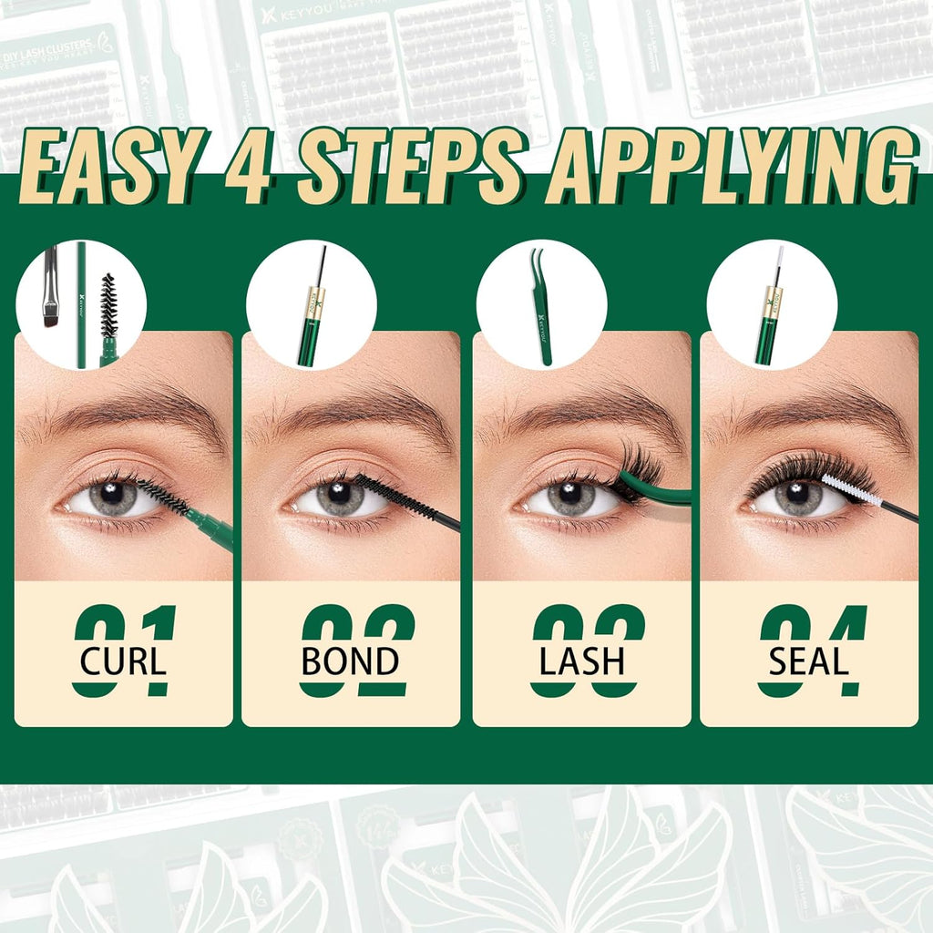 KEYYOU Lash Extension Kit 144pcs Thick Super Soft Lash Clusters,10-18mm D Curl Individual Lashes Kit with Bond and Seal Applicator and Brush Remover Easy to DIY at Home（PC03Kit-D-10-18MIX）