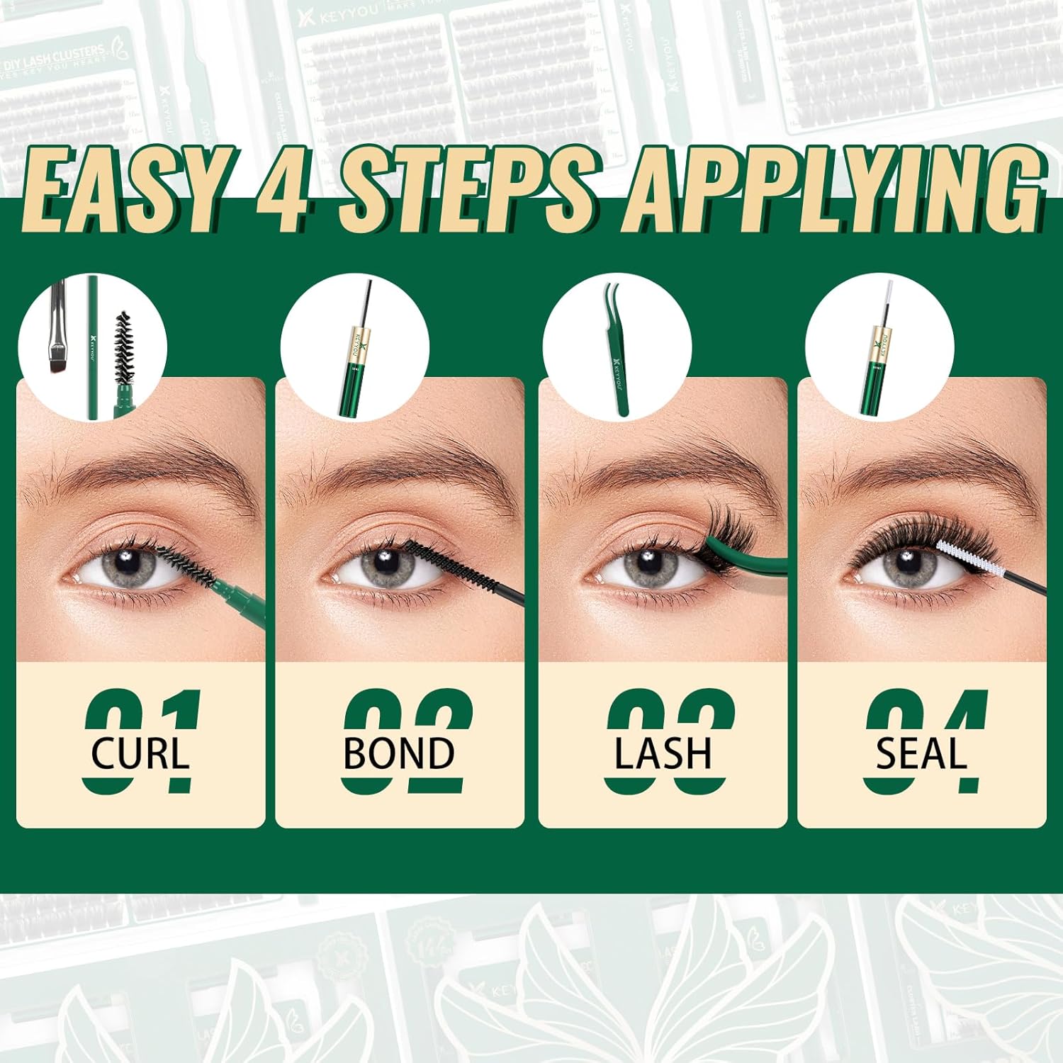 KEYYOU Lash Extension Kit 144pcs Thick Super Soft Lash Clusters,10-18mm D Curl Individual Lashes Kit with Bond and Seal Applicator and Brush Remover Easy to DIY at Home（PC03Kit-D-10-18MIX）