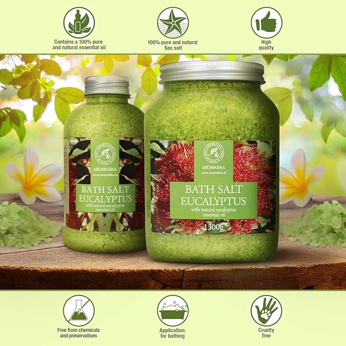 Sea Salt Eucalyptus with Natural Eucalyptus Essential Oil 46 Oz - Eucaliptus Bath Salts - Best for Good Sleep - Stress Relief - Beauty - Relaxing - Bathing - Body Care