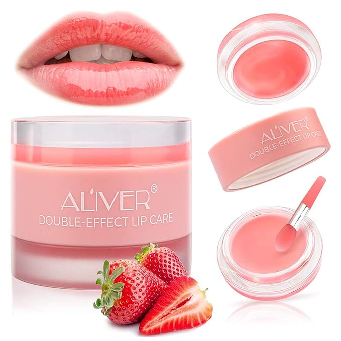 Lip Scrub, Lip Mask and Lip Exfoliator with Double Effect, Lip Sleeping Mask, Repair Lip Mask for Dry, Cracked Lips, Collagen Booster Sleeping Lip Mask Repair Treatment to Restore, Lip Moisturizer for Lip Treatment Care, Lip Repair Balm (Strawberry)