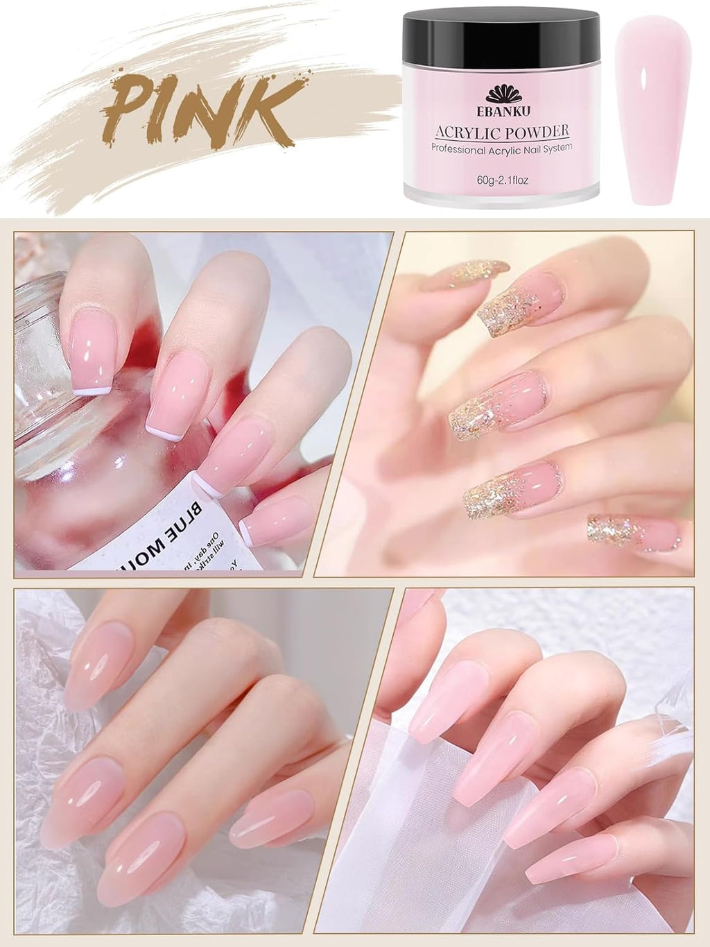EBANKU Nude Pink Acrylic Powder, 2 * 60g/2.1oz Acrylic Powder Large Capacity Professional Acrylic Nail Powder for Nail Acrylic Extension, Nail Carving, Long-Lasting, No Nail Lamp Needed