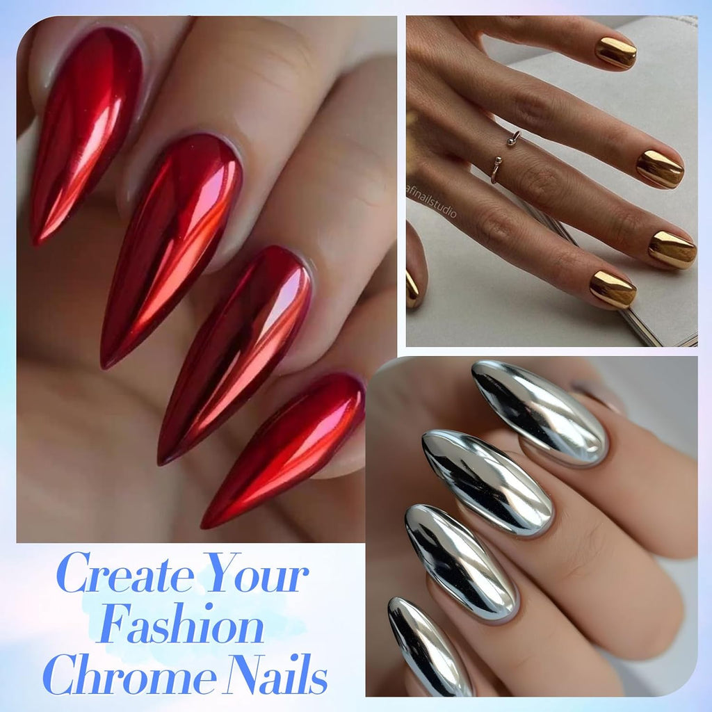 Born Pretty Mirror Chrome Nail Powder Set, 12 Colors Metallic Mirror Effect Nail Powder Gold Silver Rose Gold Red Blue Holographic Aurora Chameleon Pigment for Nail Art Gel Polish Decoration Sets