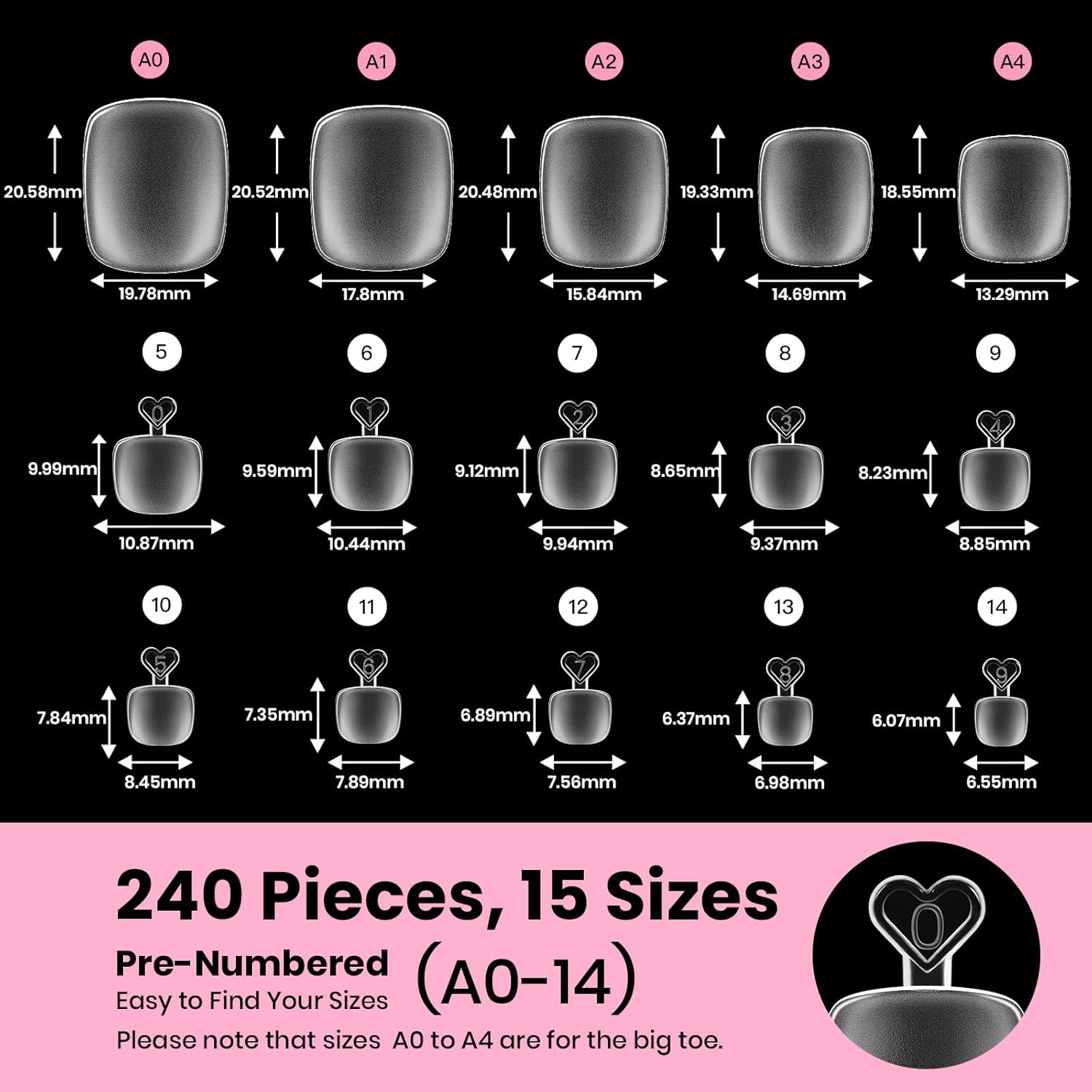 Beetles Toe Nail Tips Kit Square Plus with Nail Glue - 15 Size 240 Pcs Long Wider Nail Tips for Big Toes Pre-etched Double Matte Full Cover Press on Toenail Extensions Set for Women Home DIY