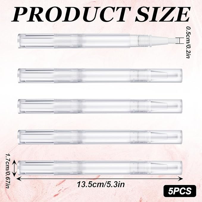 3 Ml Nail Oil Pen Cuticle Oil Pen Empty Transparent Twist Pens with Brush Tip Clear Dispenser Lip Gloss Tubes Brush Cosmetic Container Applicators for Nail Oil Eyelash Growth Liquid (5 Pack)