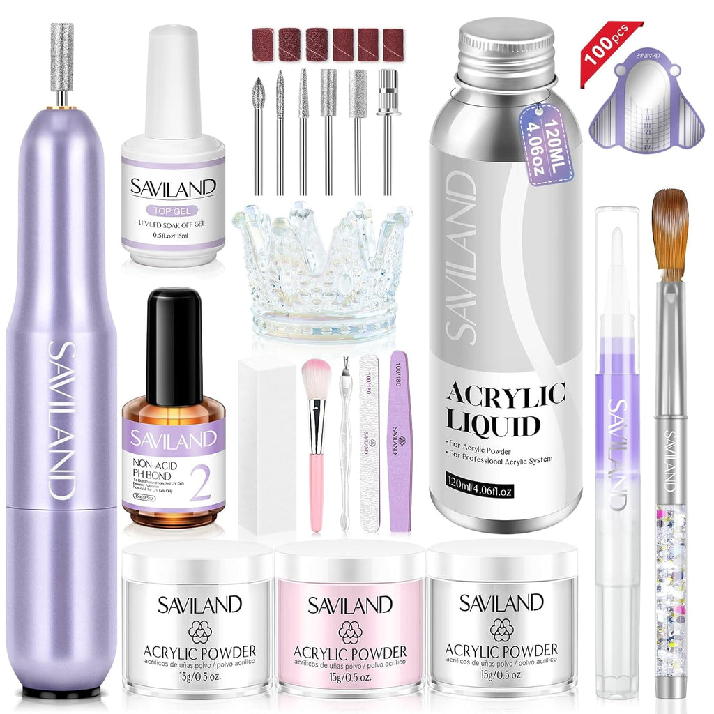 SAVILAND Acrylic Nail Kit with Drill: Professional Salon Nails Kit with Everything Acrylic Powder and Liquid Set Nail Brush Forms Top Gel & Manicure Tools Kit for DIY Extension Carving Home Use