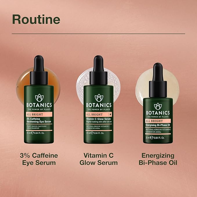 Botanics All Bright Caffeine Eye Serum - 3% Caffeine Awakening Under Eye Serum for Dark Circles and Puffiness - Refresh & Brighten Tired Eyes - Vegan & Cruelty Free (0.84 Fl Oz)