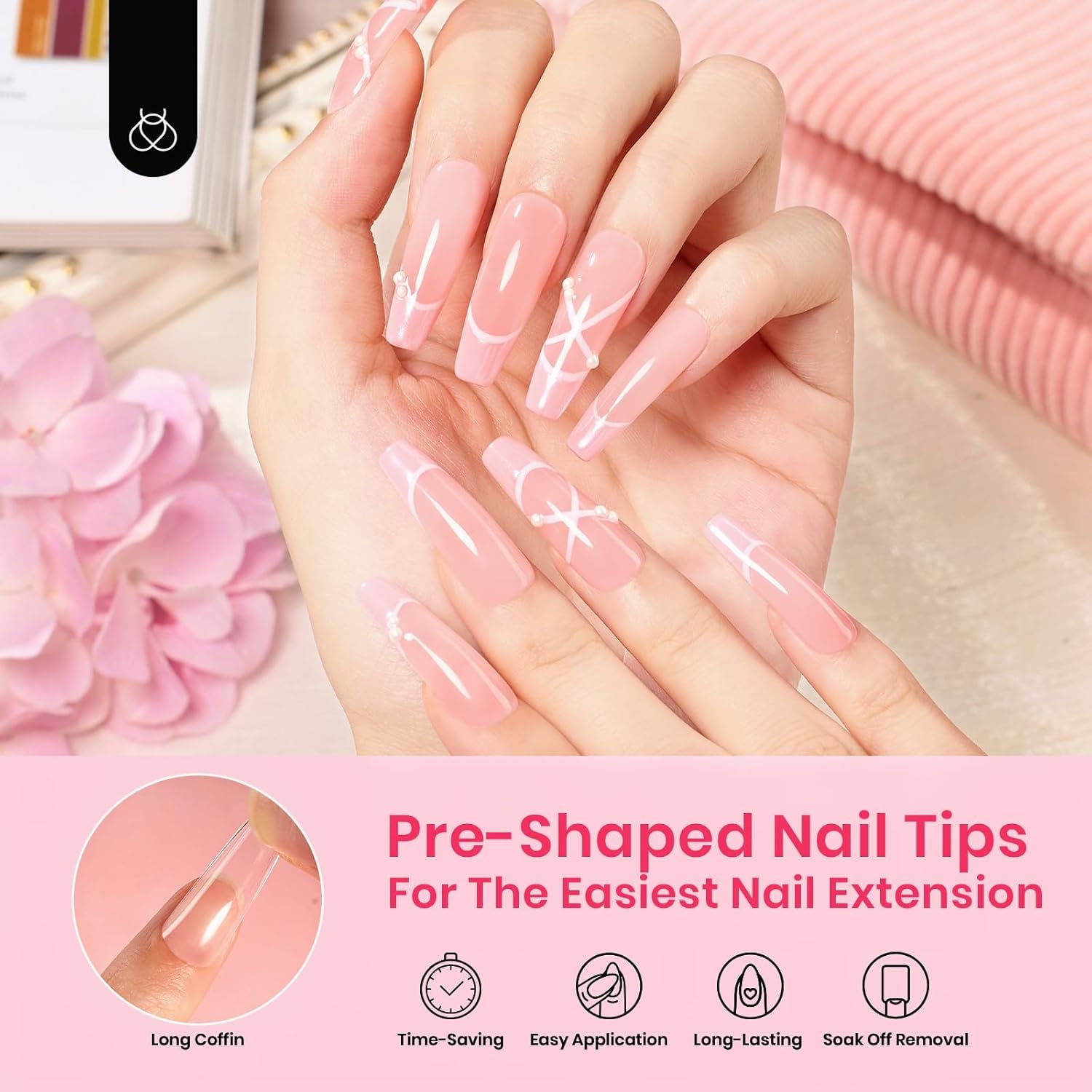 Beetles Gel Nail Tips Long Coffin Pre-Etched Nail Tips, 12 Sizes 288Pcs Pre Shaped Soft Gel Clear Nail Full Cover False Nail Tips Acrylic Glue on Nails Extension Fake Nails Manicure Gifts for Women